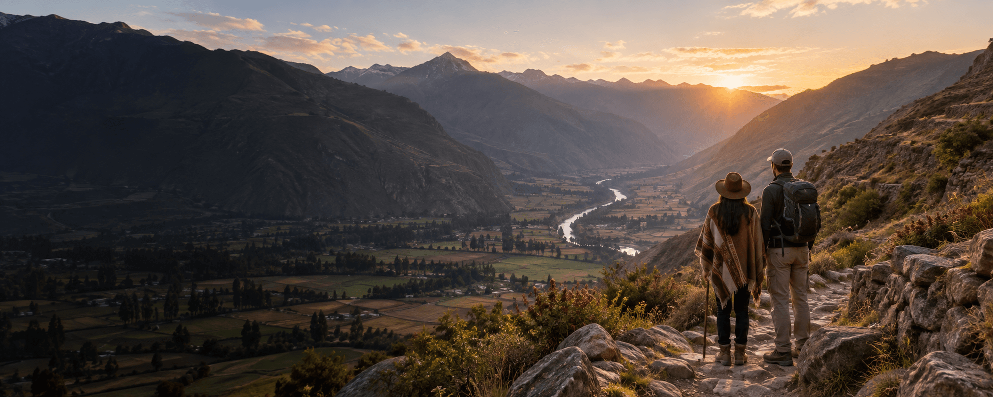 Viajeros contemplando un valle de los Andes peruanos al amanecer
